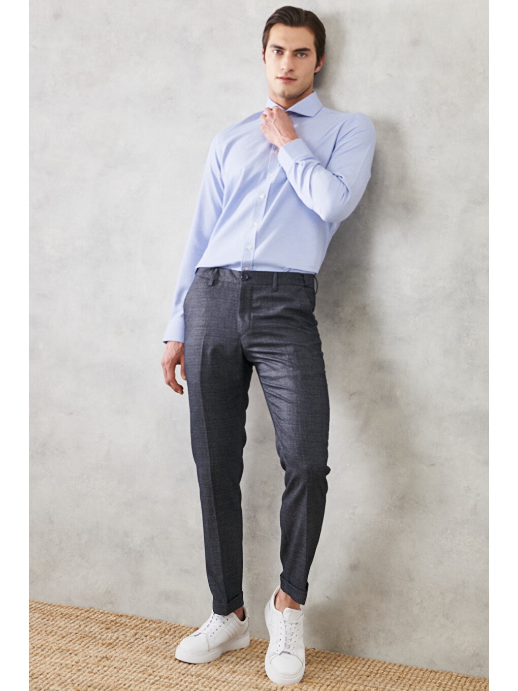 Erkek Lacivert Comfort Fit Yan Cep Beli Lastikli Desenli Klasik Pantolon-4