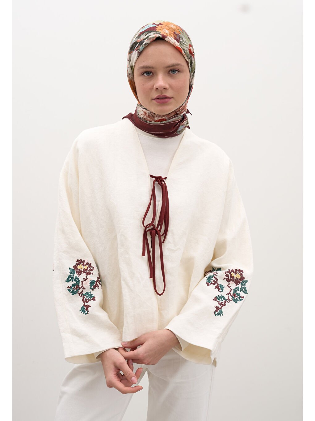 Jasmıne Joy Desen Pamuklu Viskon Eşarp Bordo-1