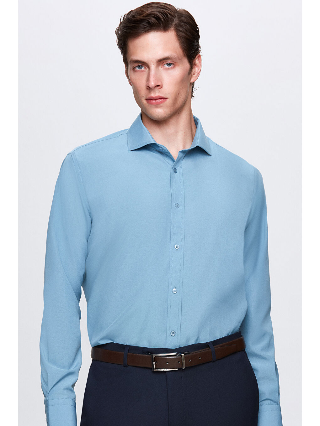 Slim Fit Petrol İtalyan Yaka Dar Kesim Klasik Kravatlık Uzun Kol Kolay Ütülenebilir Gömlek-1