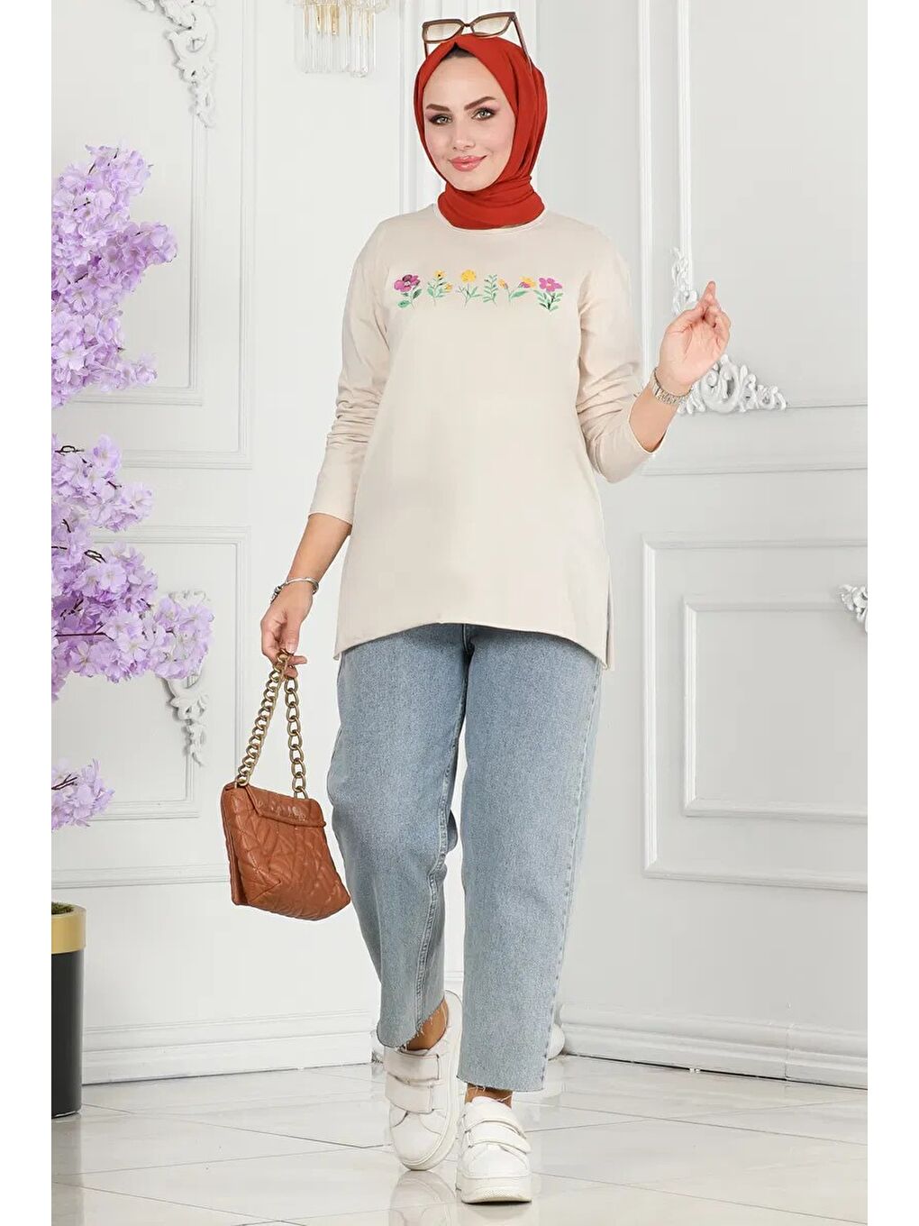 Bej Kadın Bisiklet Yaka Çiçek Baskılı Tunik Tas - 27197-1