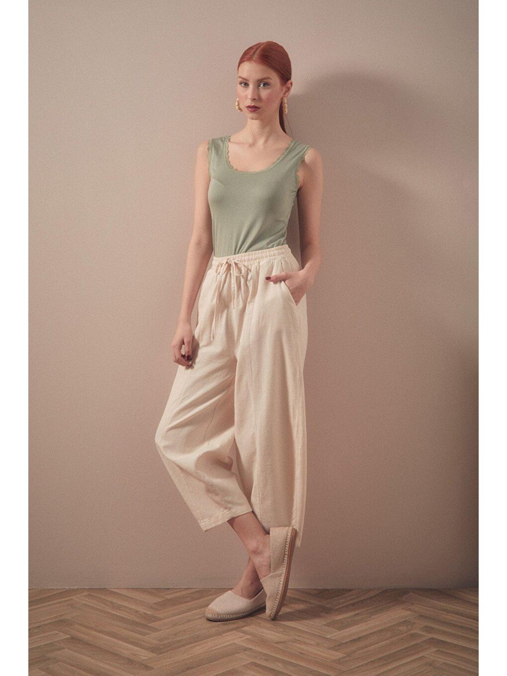 Bej Beli Lastikli Yüksek Bel Keten Şalvar Pantolon