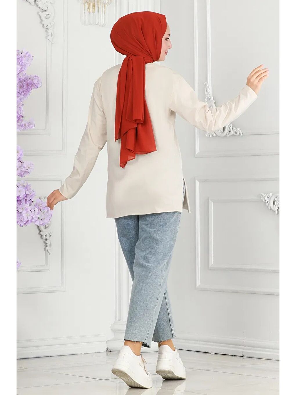 Bej Kadın Bisiklet Yaka Çiçek Baskılı Tunik Tas - 27197-2