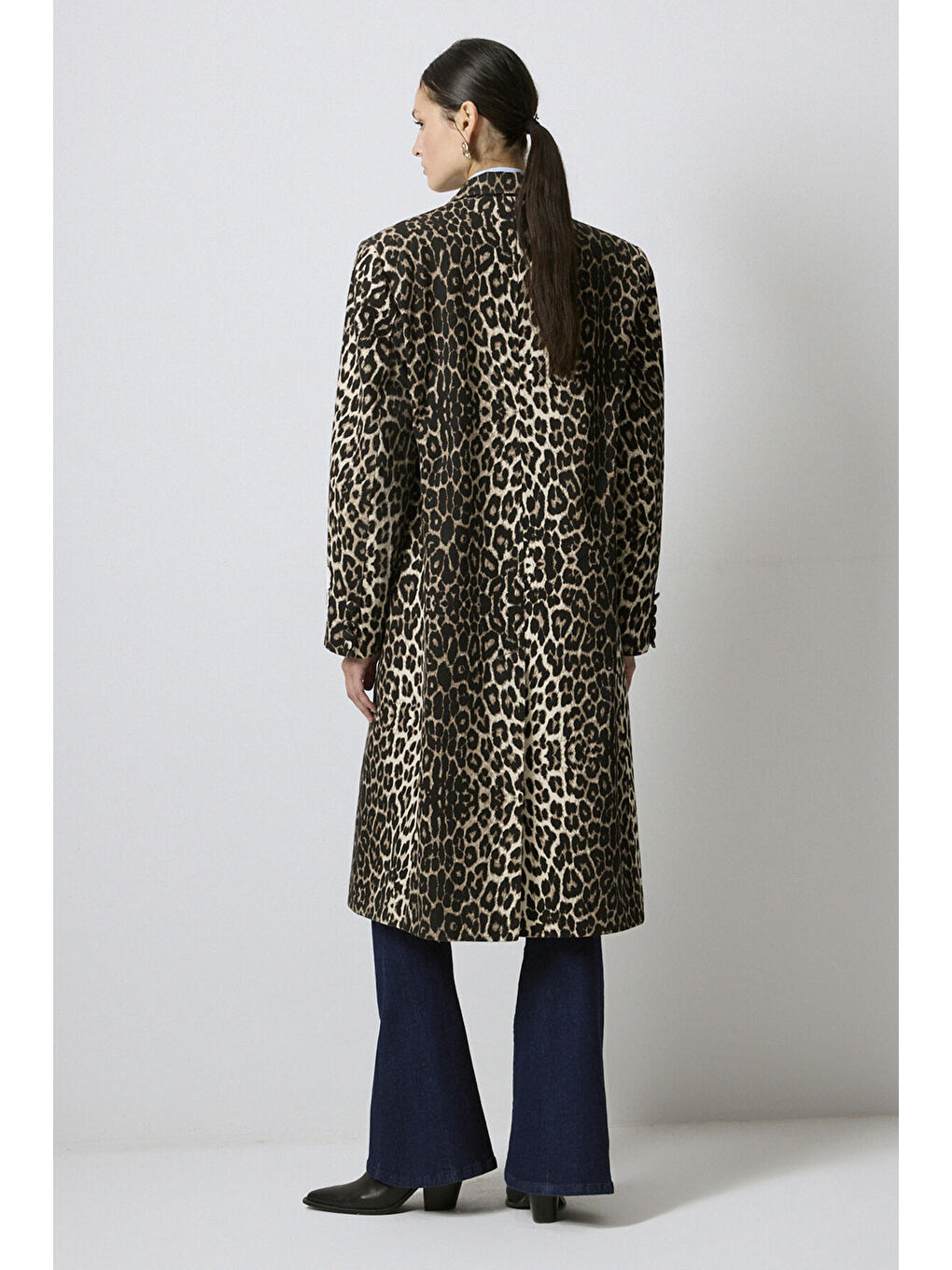 Siyah Leopar Desenli Uzun Ceket-7