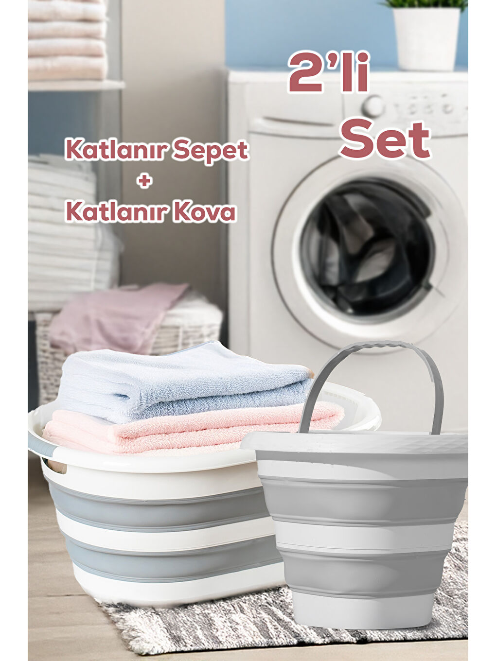 Gri 2li Katlanır Temizlik Seti - Katlanır Sepet 25lt - Katlanır Kova 10lt