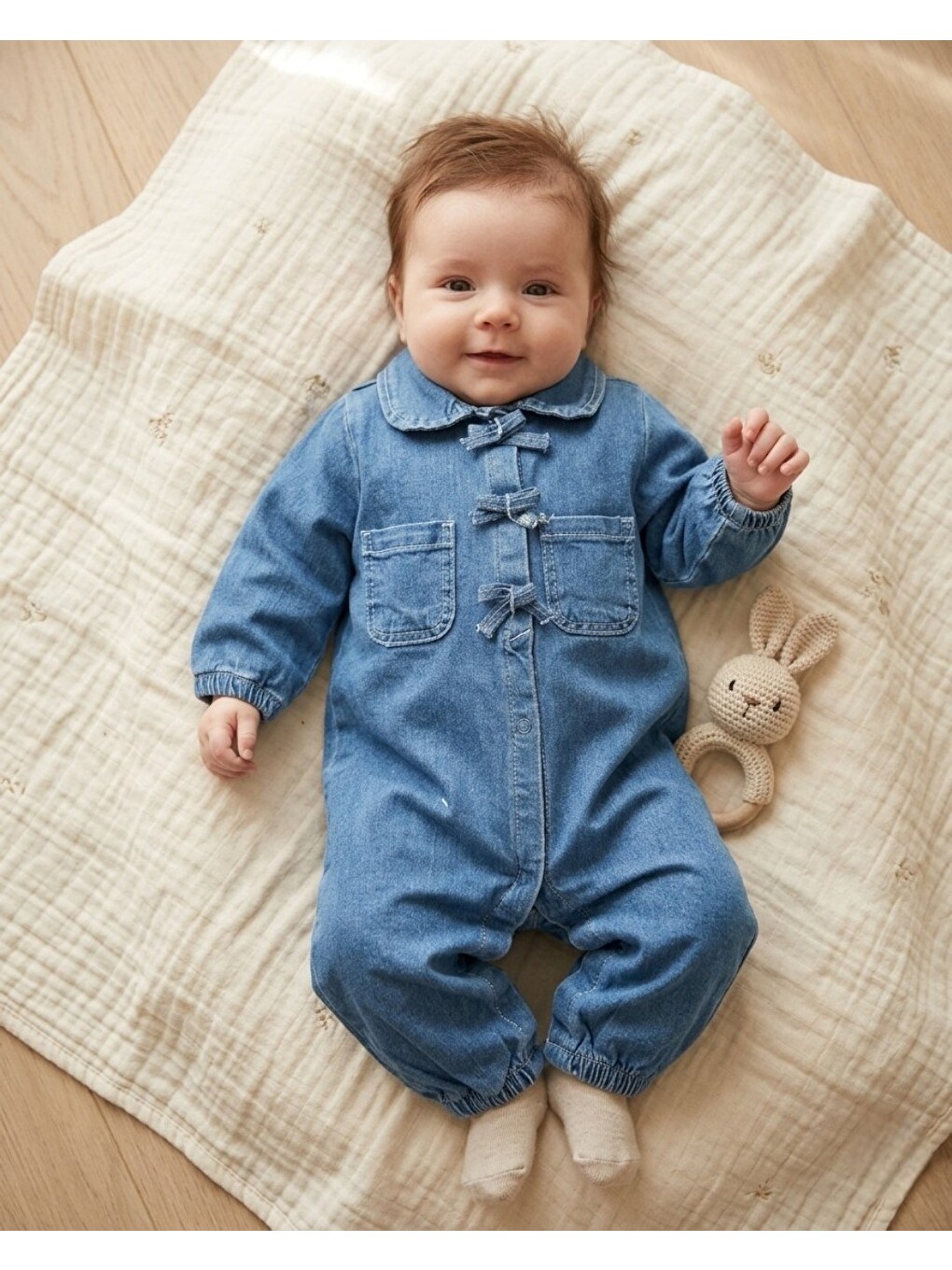 Mavi Kız Bebek Mevsimlik 3-6-9 Ay Jean Tulum, Çıtçıtlı Fiyonk Detaylı Tulum-1