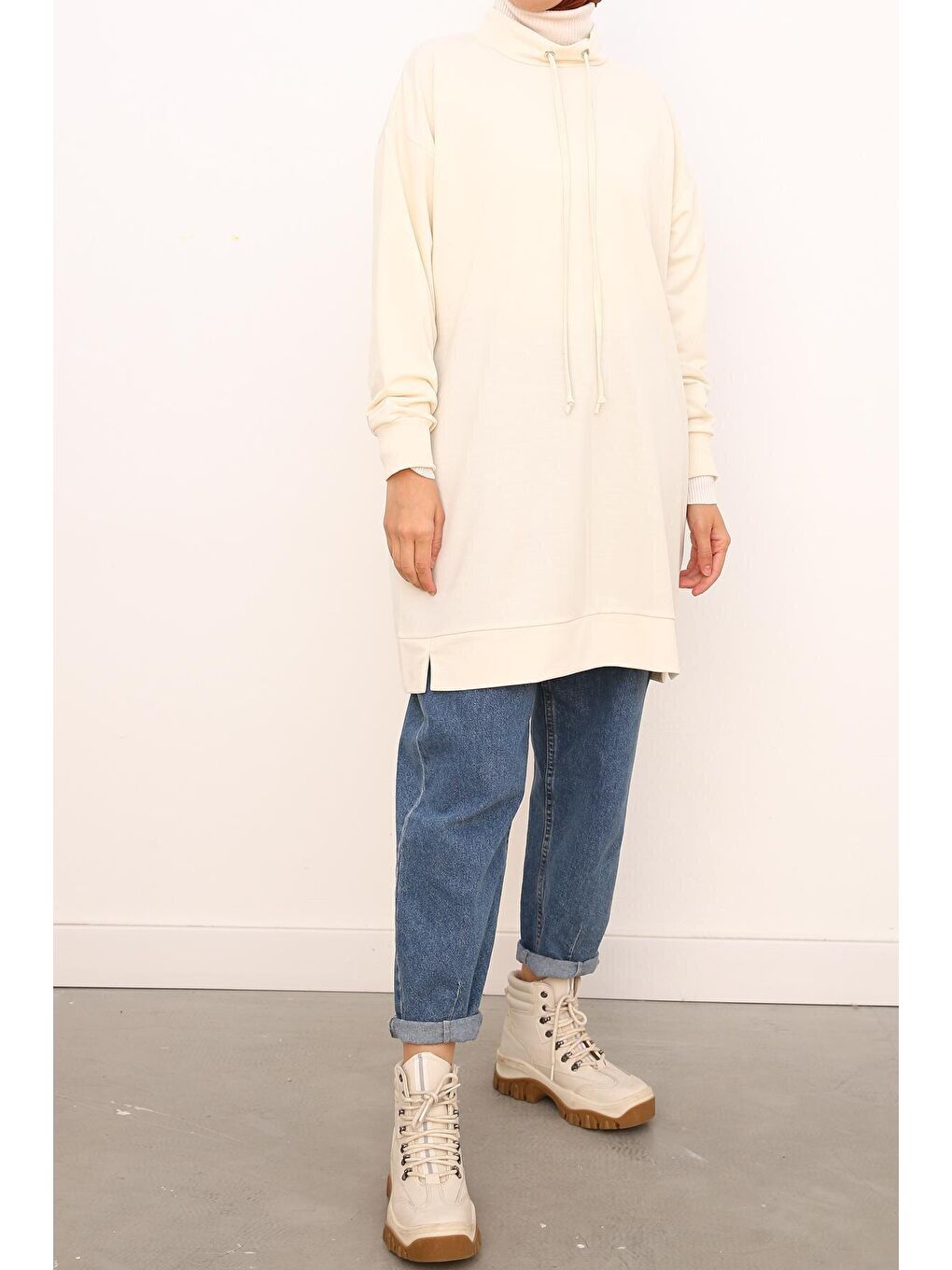 Bej Kuşgözlü Rahat Kalıp Sweat Tunik-1