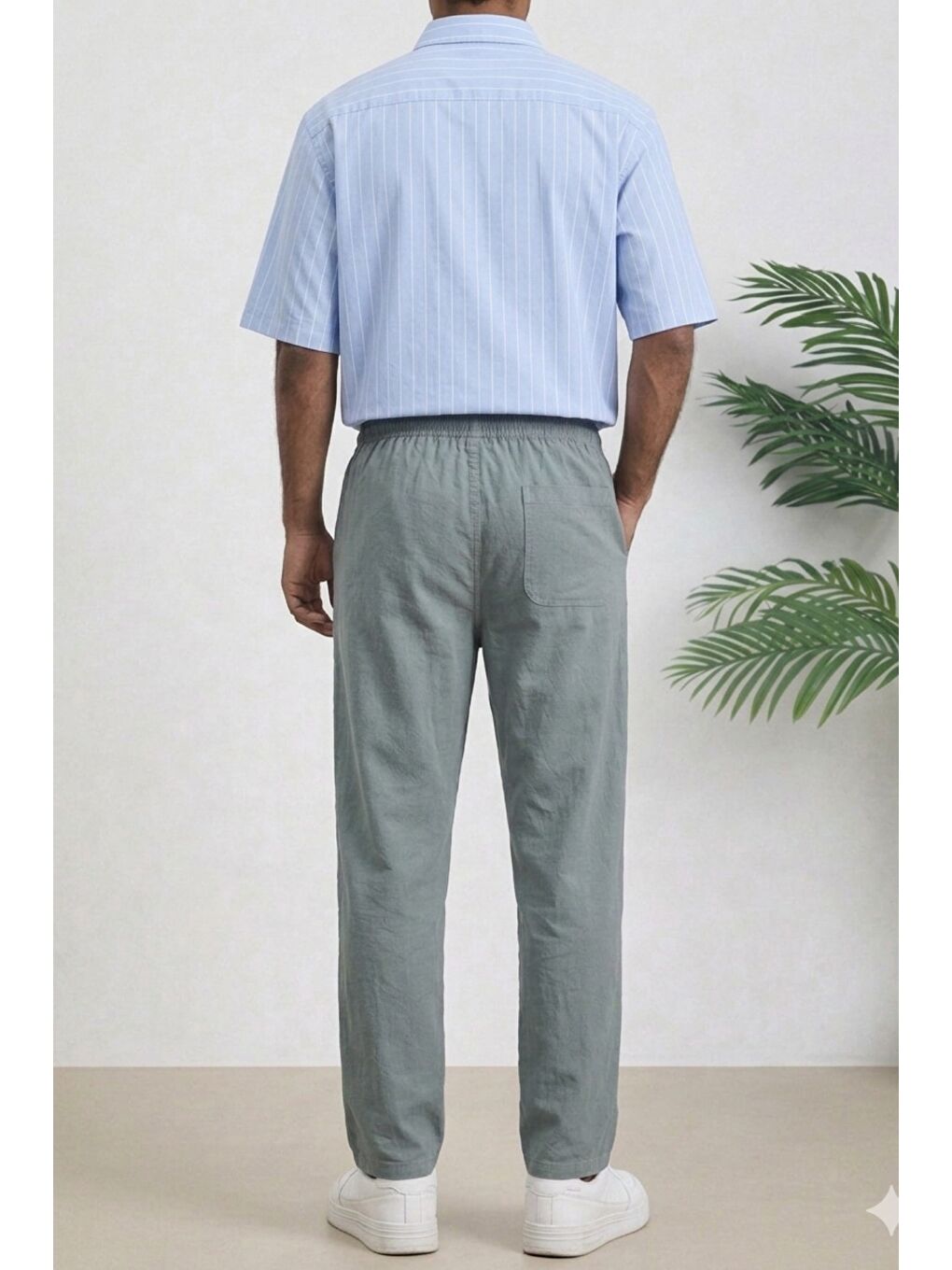 Gri Lacivert Renk Erkek Yazlık Keten Karışımı Relaxed Pantolon-1