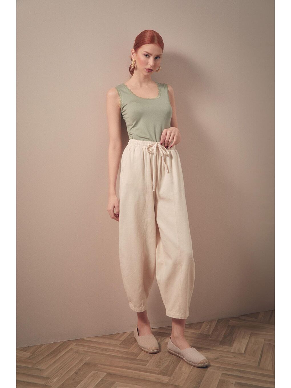 Bej Beli Lastikli Yüksek Bel Keten Şalvar Pantolon-1