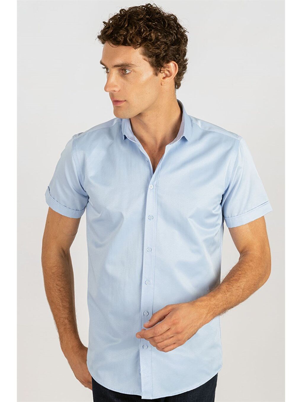 Modern Slim Fit Kısa Kollu Kravat Yaka Mavi Gömlek-1