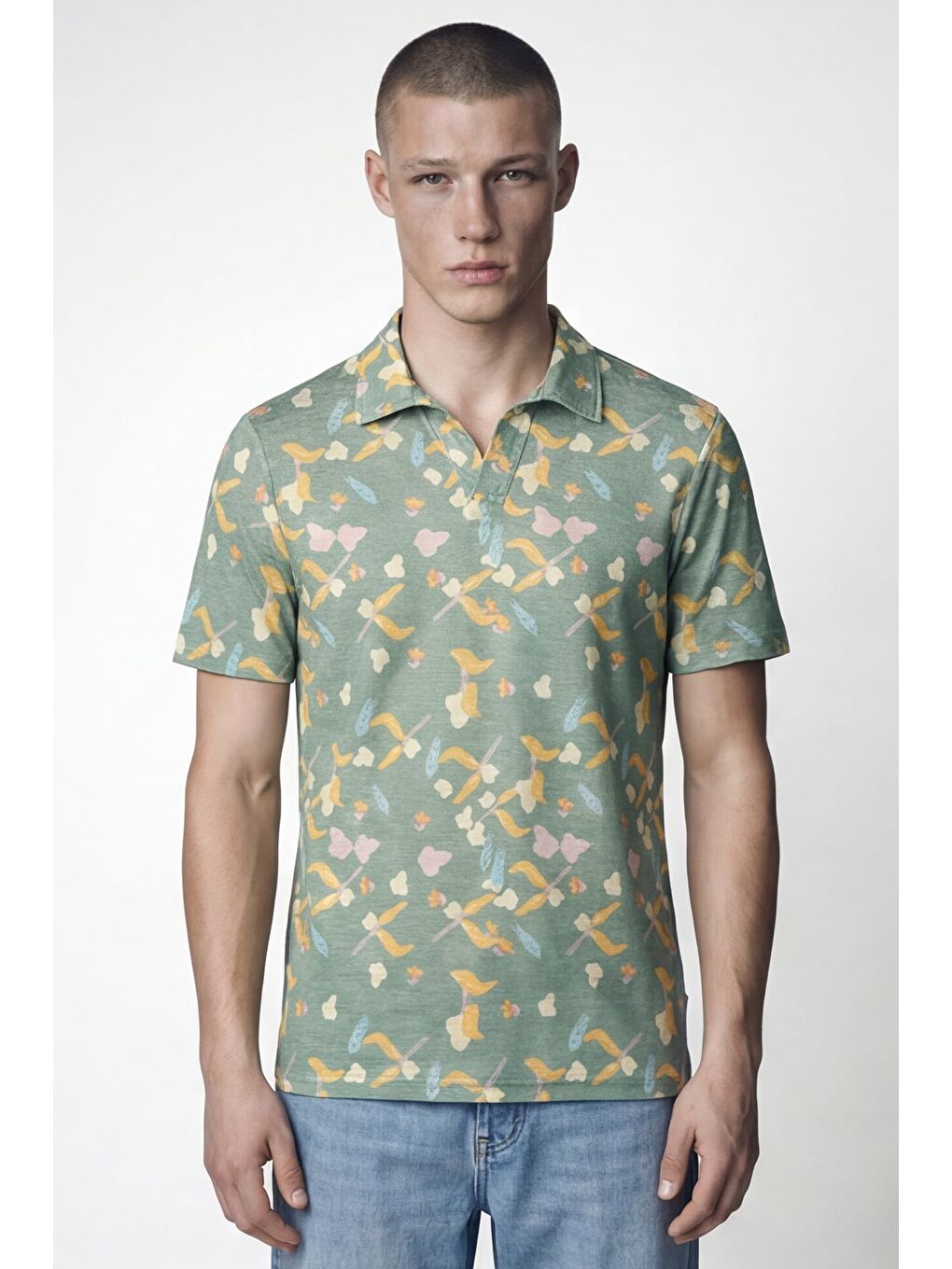 Giotelli Erkek Yeşil Dar Kesim Slim Fit Desenli Kısa Kollu Polo Yaka Tişört