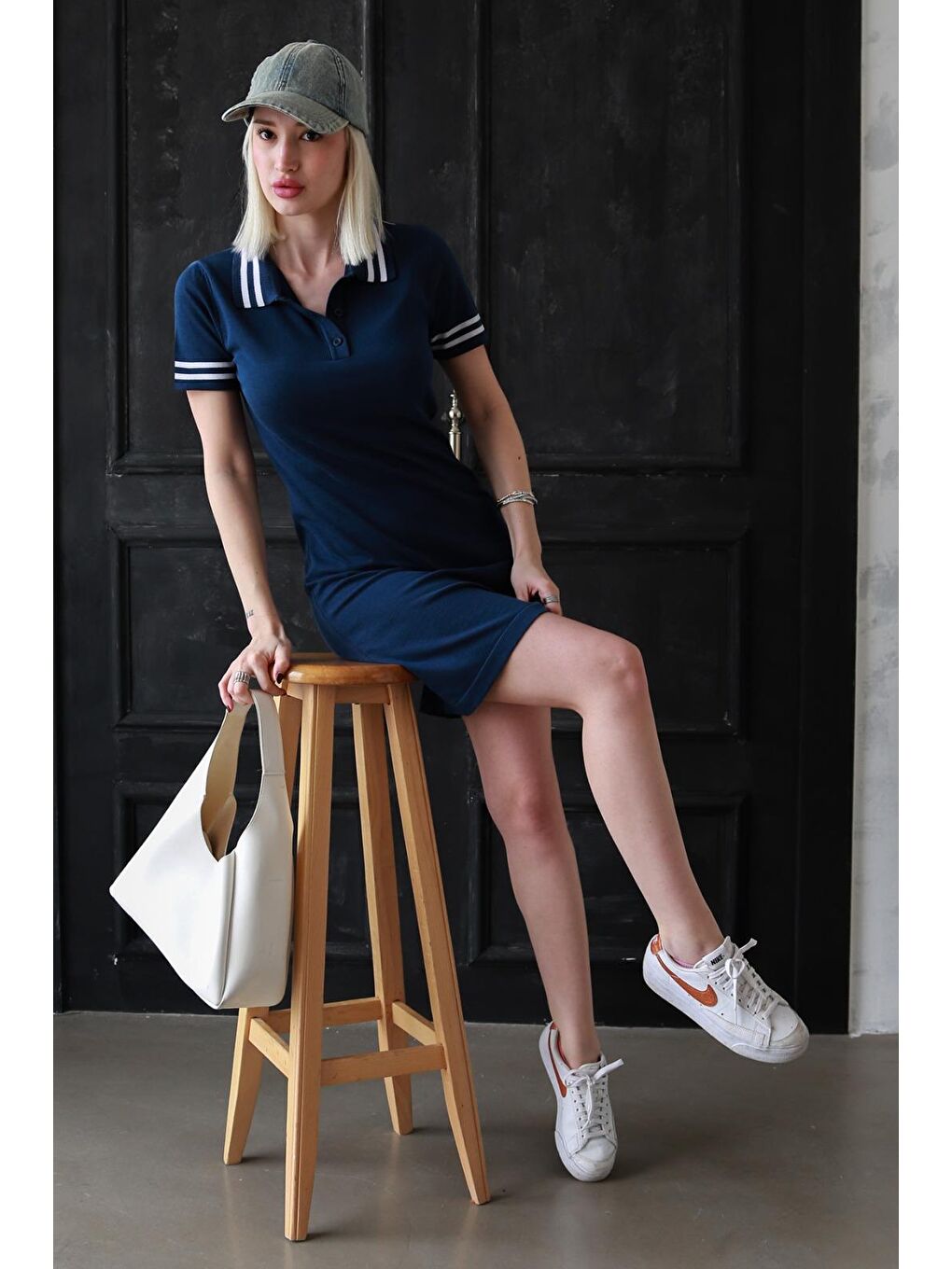 Lacivert Polo Yaka Şerit Detaylı Kadın Elbise Mg2344-2