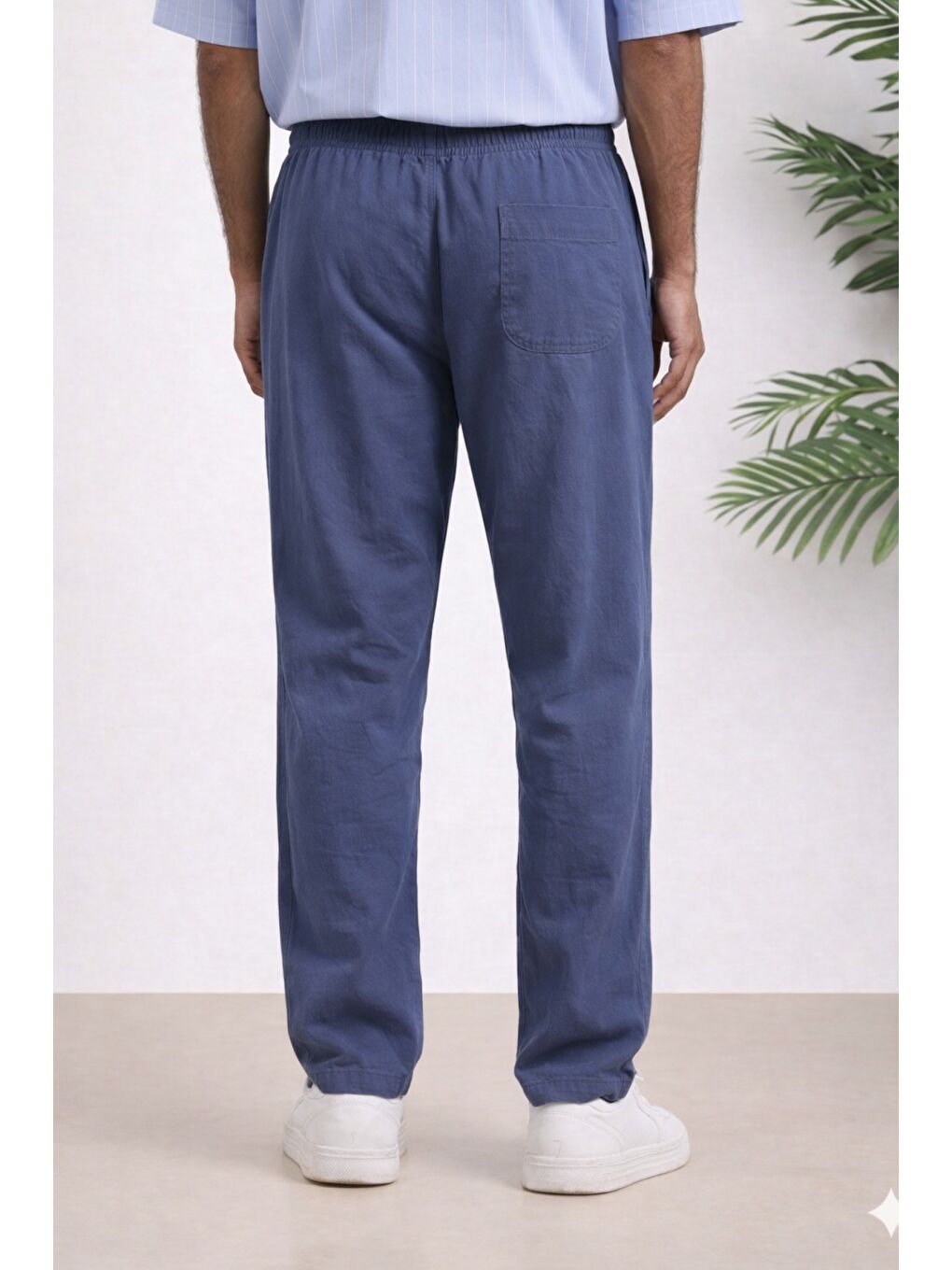 İndigo Lacivert Renk Erkek Yazlık Keten Karışımı Relaxed Pantolon-1
