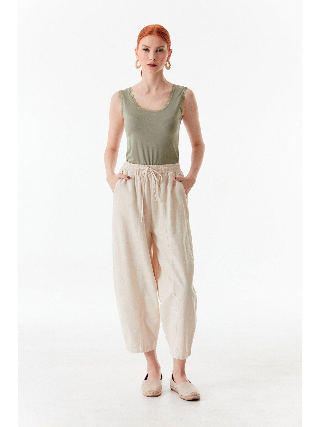 Bej Beli Lastikli Yüksek Bel Keten Şalvar Pantolon-2