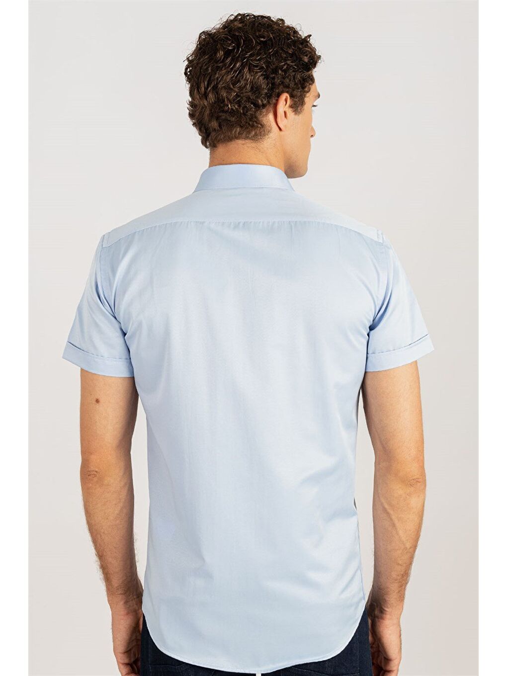 Modern Slim Fit Kısa Kollu Kravat Yaka Mavi Gömlek-3