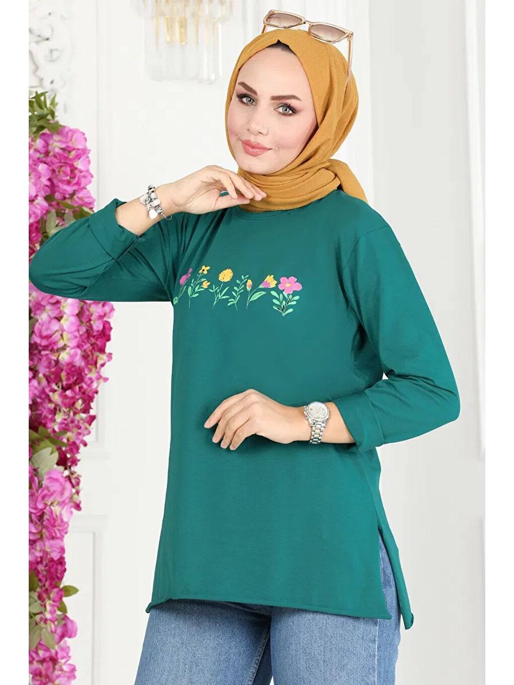Yeşil Kadın Bisiklet Yaka Çiçek Baskılı Tunik Zümrüt - 27197-1
