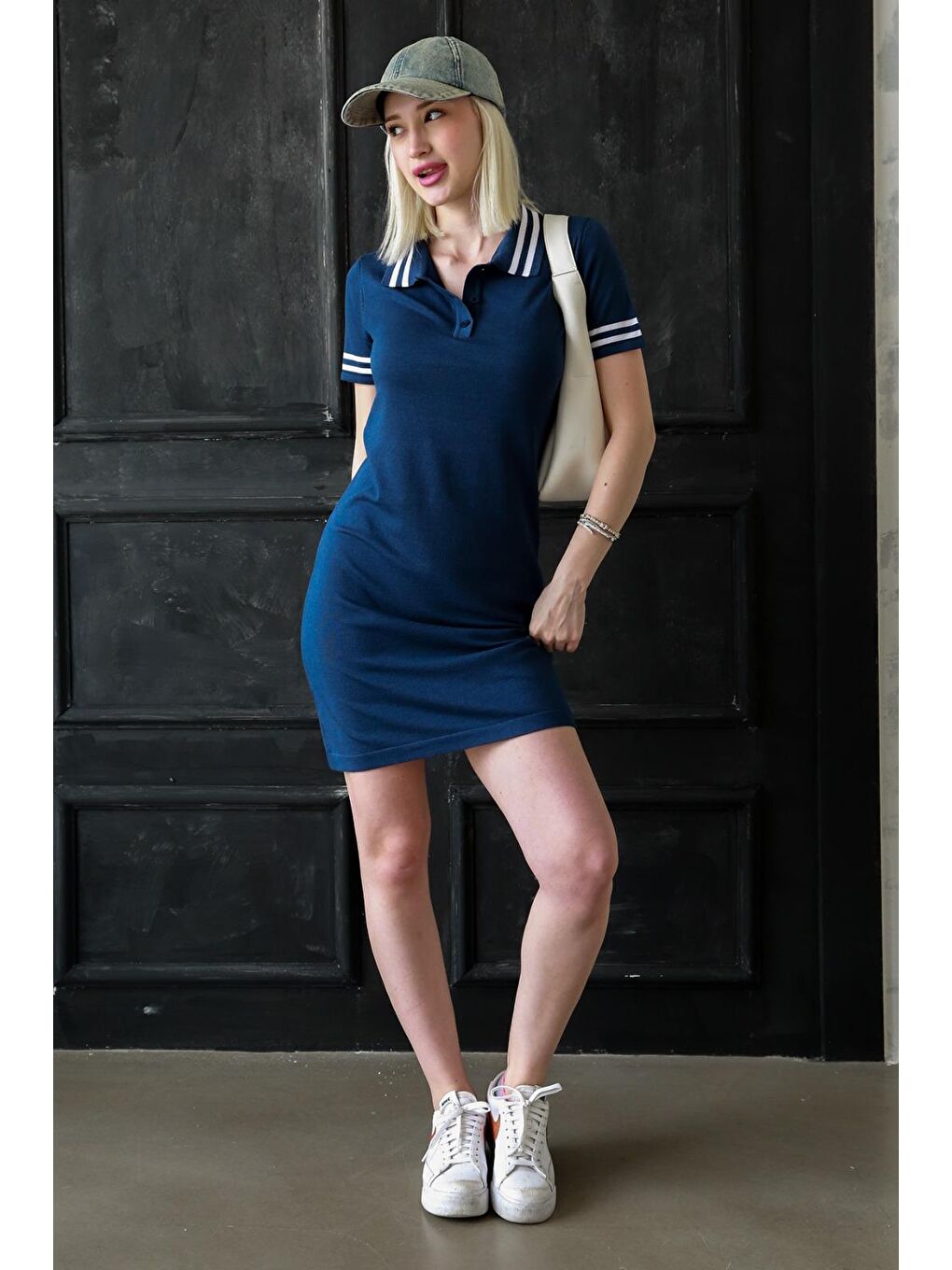 Lacivert Polo Yaka Şerit Detaylı Kadın Elbise Mg2344-3