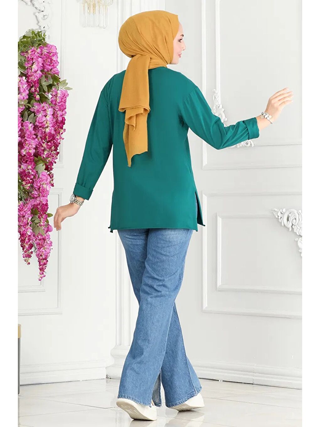 Yeşil Kadın Bisiklet Yaka Çiçek Baskılı Tunik Zümrüt - 27197-3