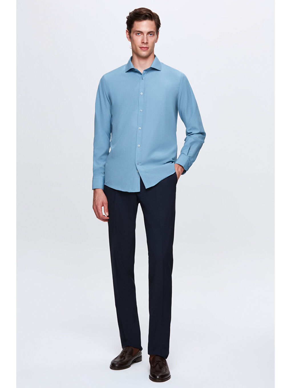 Slim Fit Petrol İtalyan Yaka Dar Kesim Klasik Kravatlık Uzun Kol Kolay Ütülenebilir Gömlek-5