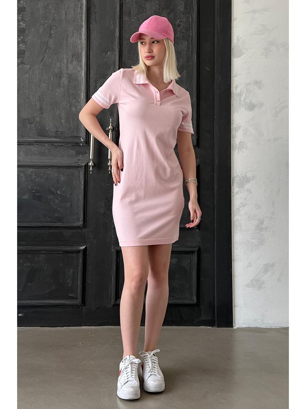 Pembe Polo Yaka Şerit Detaylı Kadın Elbise Mg2344