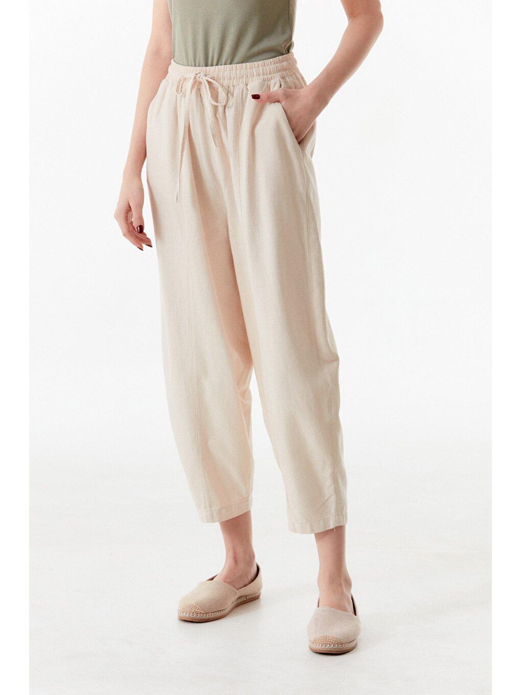Bej Beli Lastikli Yüksek Bel Keten Şalvar Pantolon-3