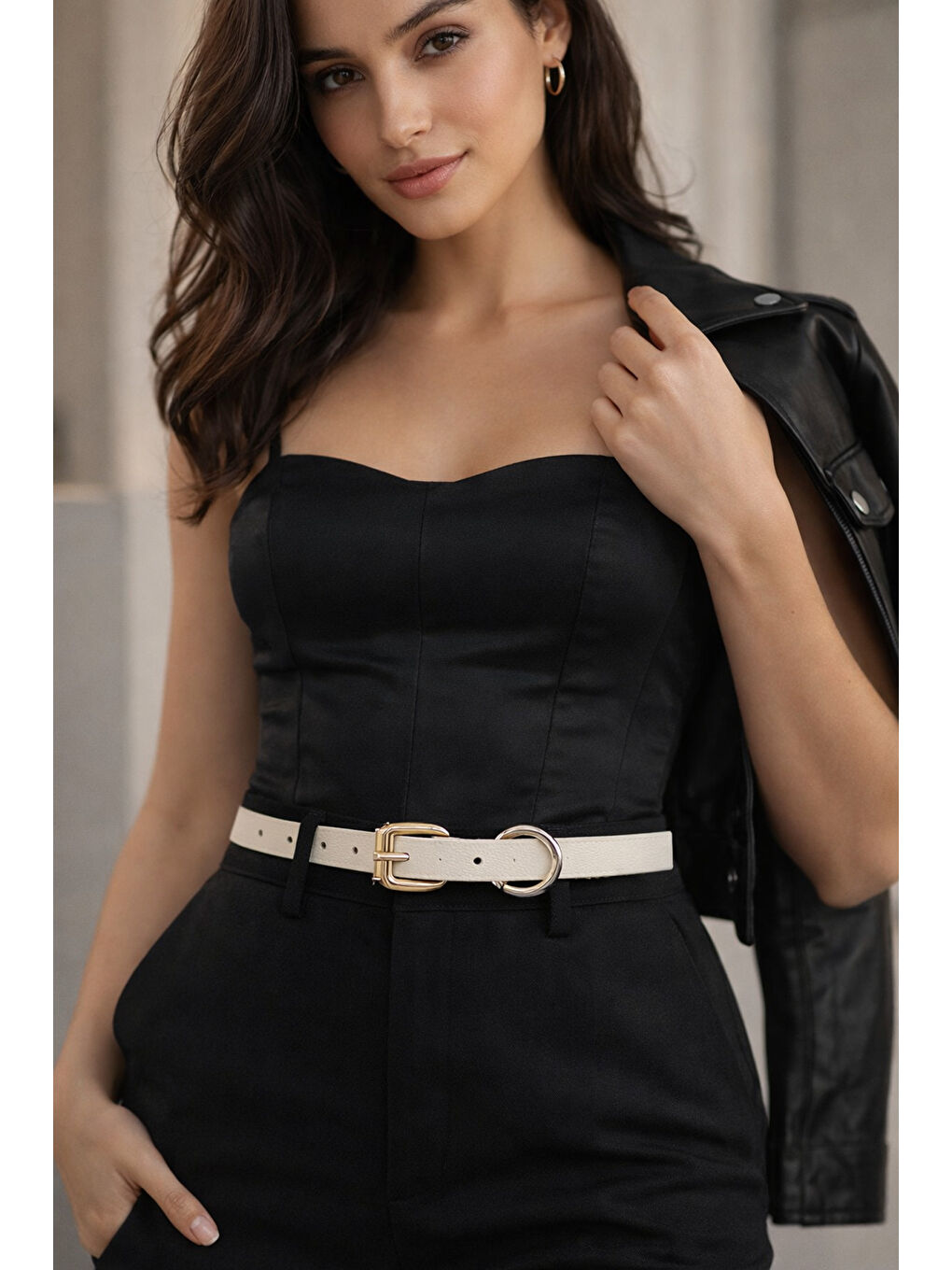 Kare Tokalı Bej İnce Kadın Kemeri Ceket Kemeri, Gömlek Kemeri, Elbise Kemeri KMR002 BEJ-1