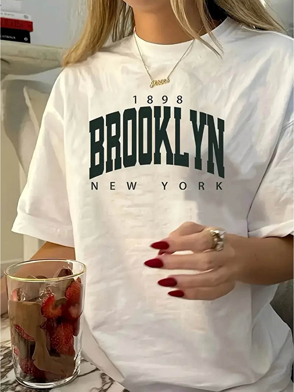 Baskılı Oversize Bisiklet Yaka T-shirt - Beyaz
