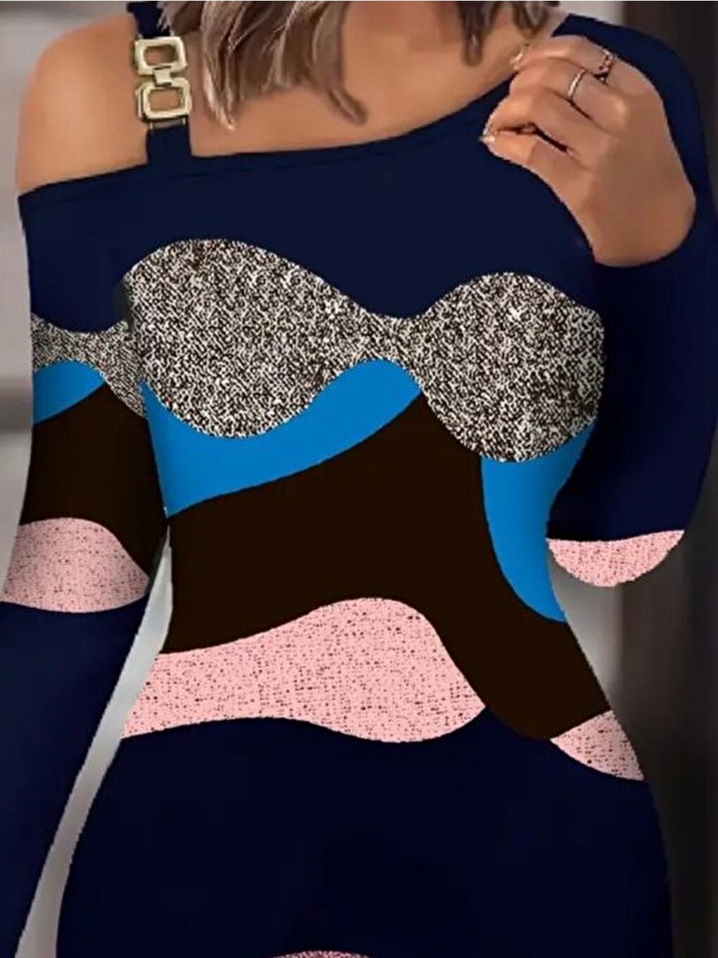 Siyah Kadın Uzun Kollu Tek Omuzu Askı Toka Detaylı Kısa Dalgıç Elbise-1