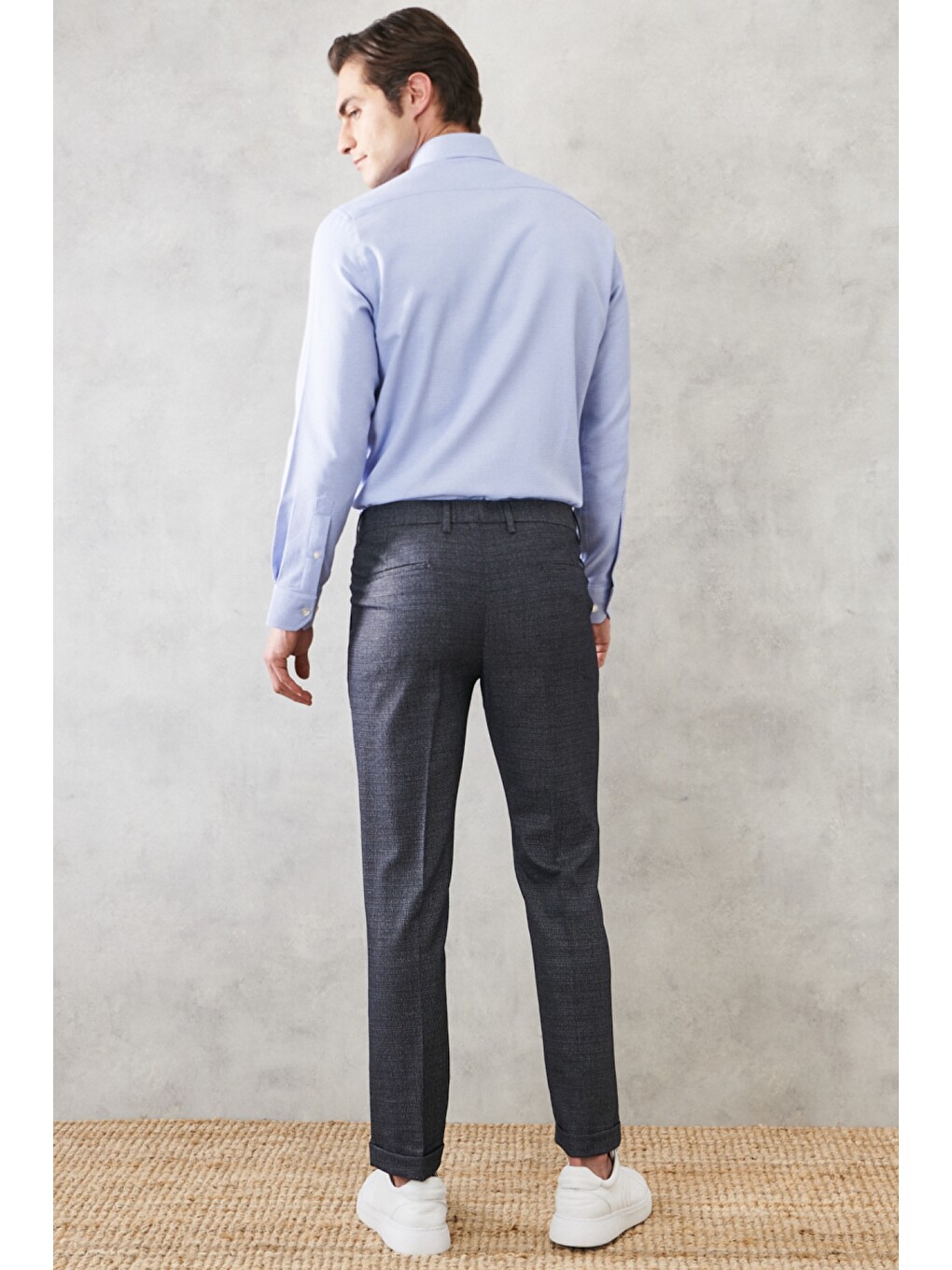 Erkek Lacivert Comfort Fit Yan Cep Beli Lastikli Desenli Klasik Pantolon-6