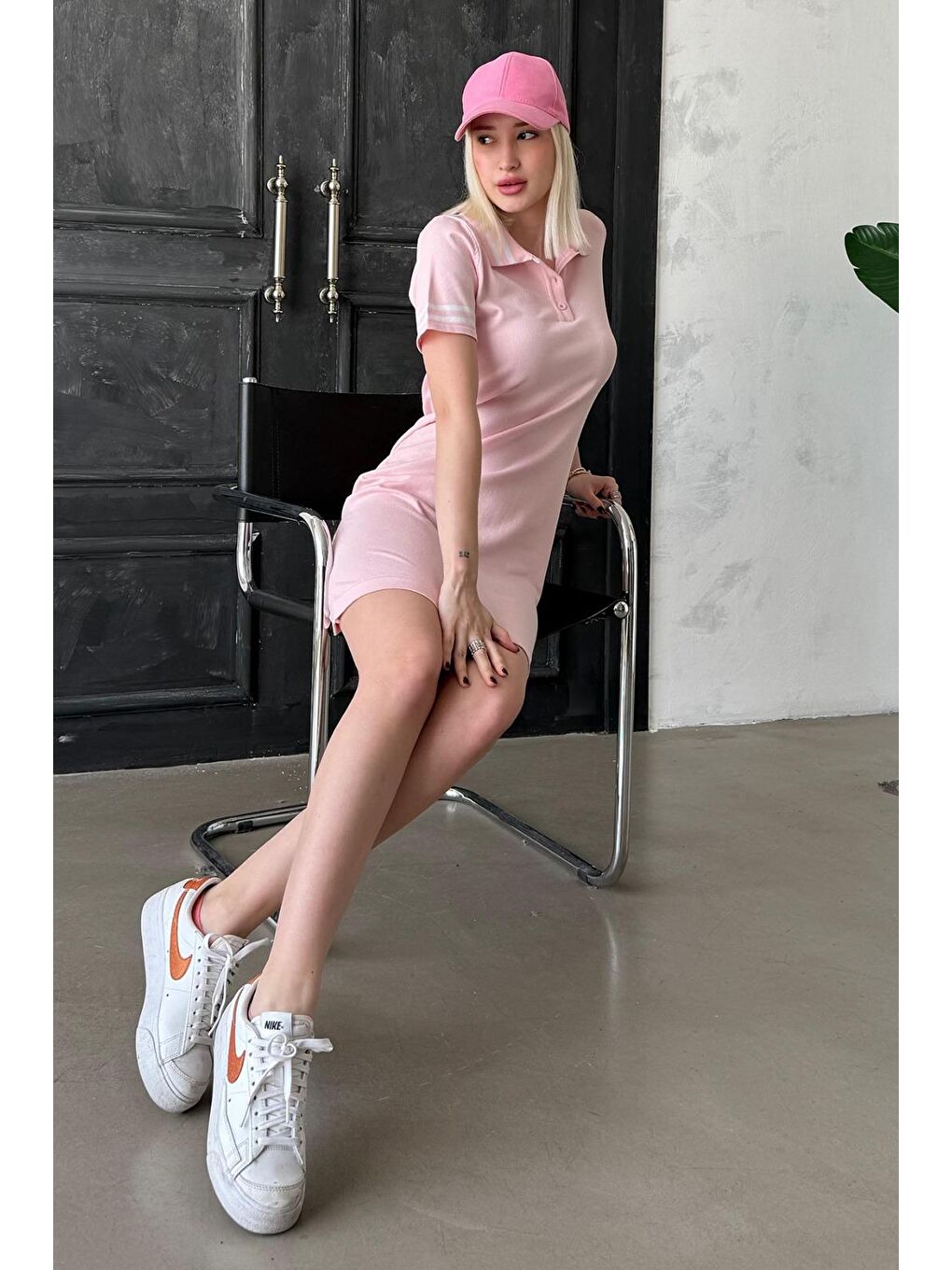 Pembe Polo Yaka Şerit Detaylı Kadın Elbise Mg2344-3