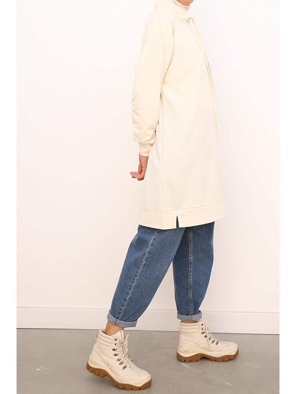 Bej Kuşgözlü Rahat Kalıp Sweat Tunik-2