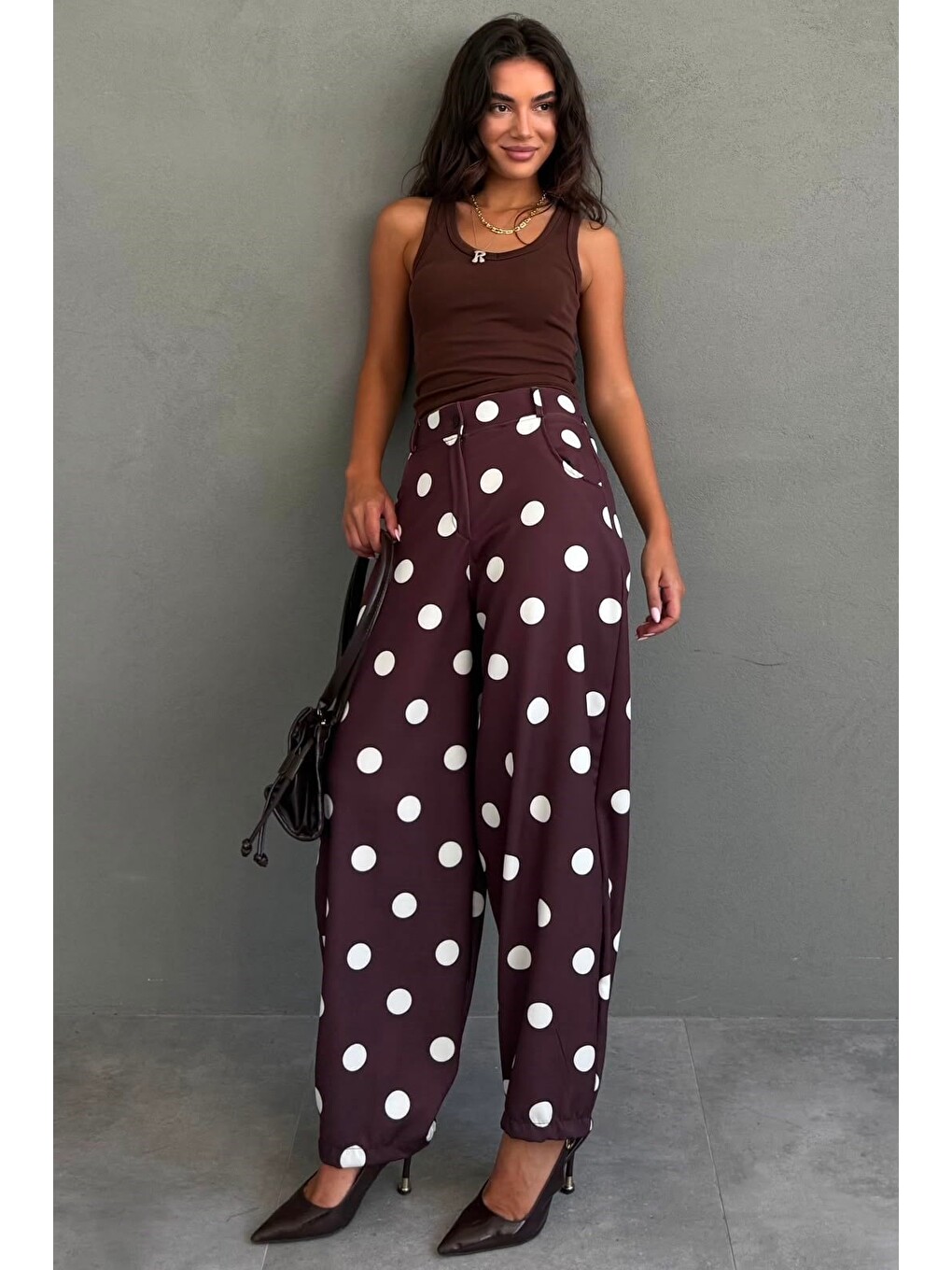 Kahverengi Puantiyeli Beli Lastikli Balon Kadın Pantolon Mg2886-5