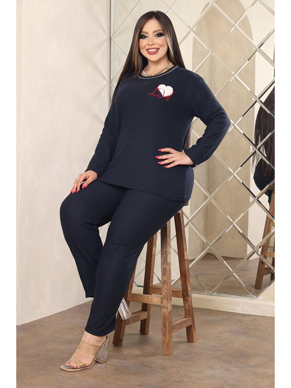 Lacivert Let Me Slee P Baskılı Büyük Beden Pijama Takımı