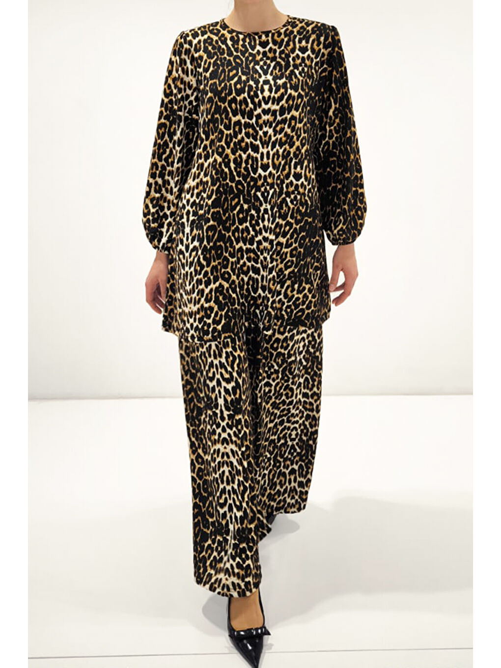 Kahverengi Kadın Leopar Tunik Pantolon Alt Üst Takım 6663-2
