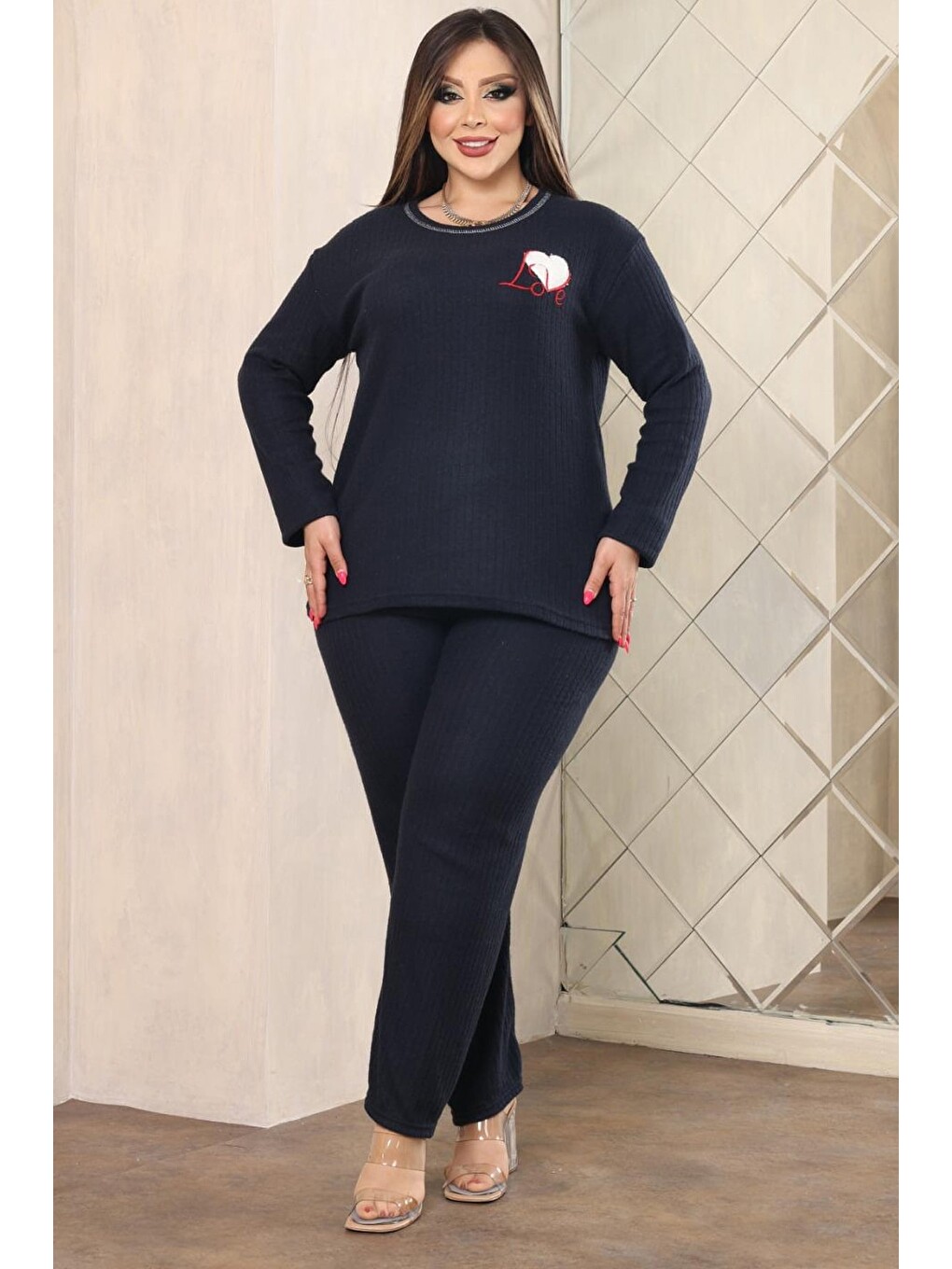 Lacivert Let Me Slee P Baskılı Büyük Beden Pijama Takımı-1