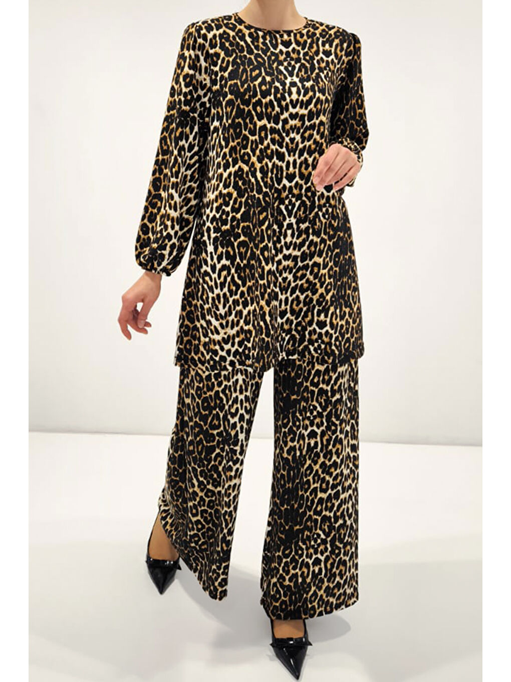 Kahverengi Kadın Leopar Tunik Pantolon Alt Üst Takım 6663-3