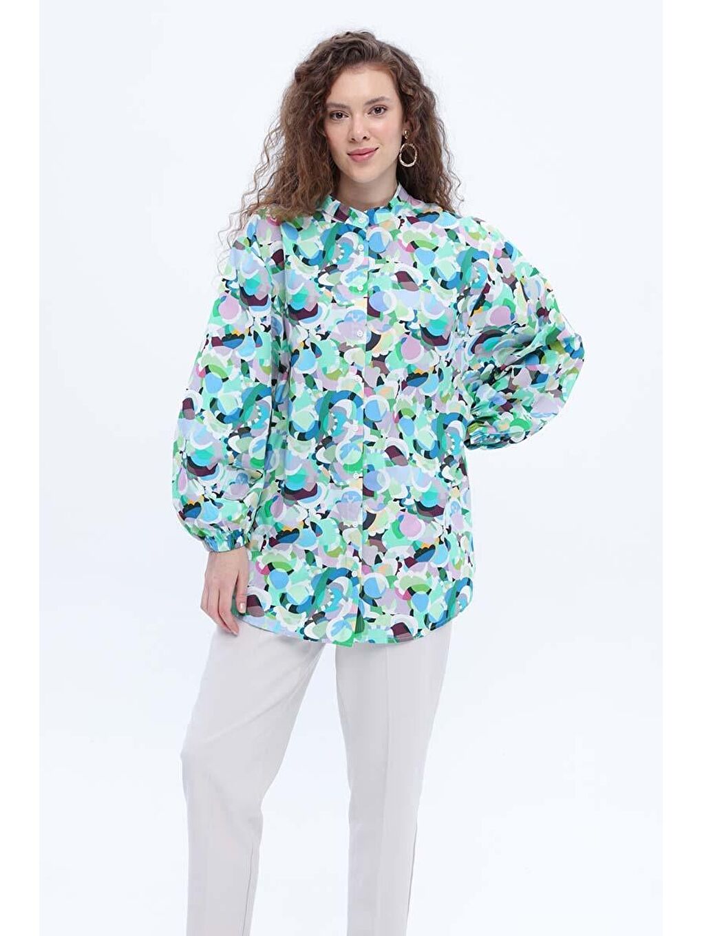 Mavi-Yeşil-%100 Pamuklu Desenli Poplin Gömlek Tunik