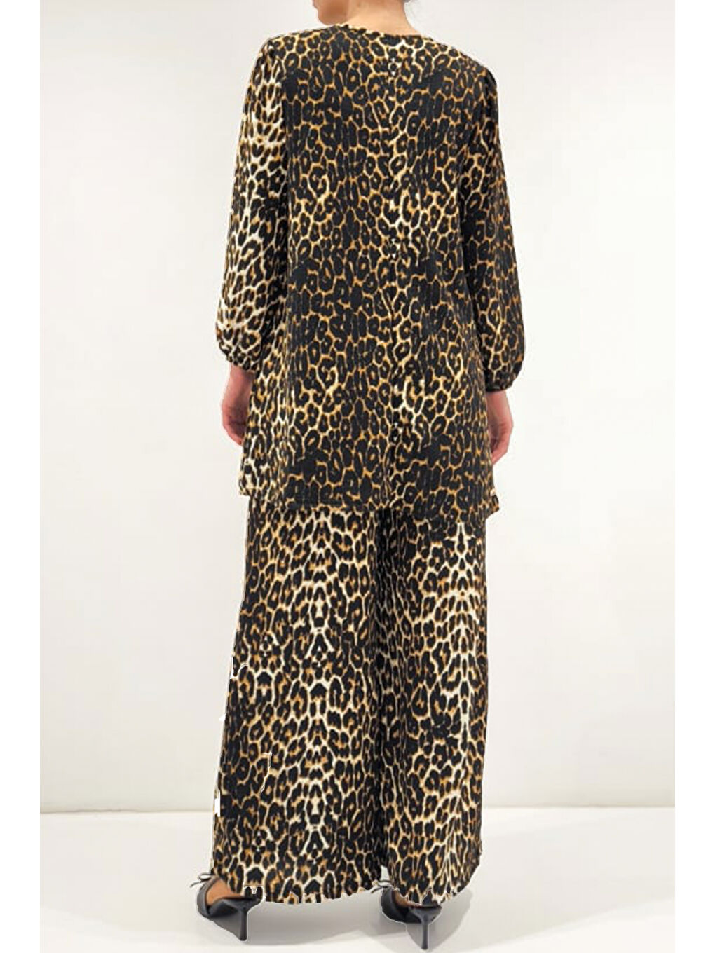 Kahverengi Kadın Leopar Tunik Pantolon Alt Üst Takım 6663-4