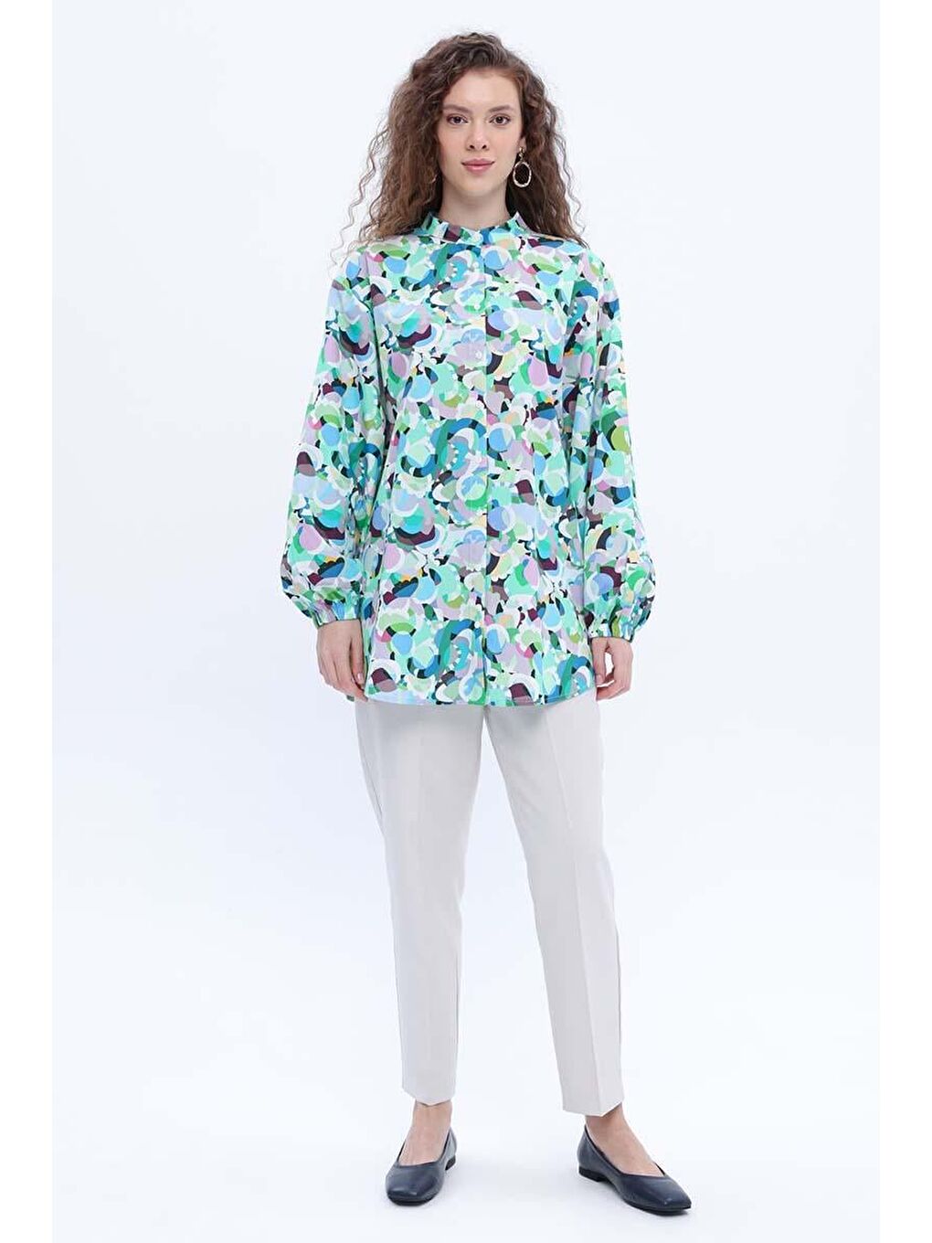 Mavi-Yeşil-%100 Pamuklu Desenli Poplin Gömlek Tunik-1