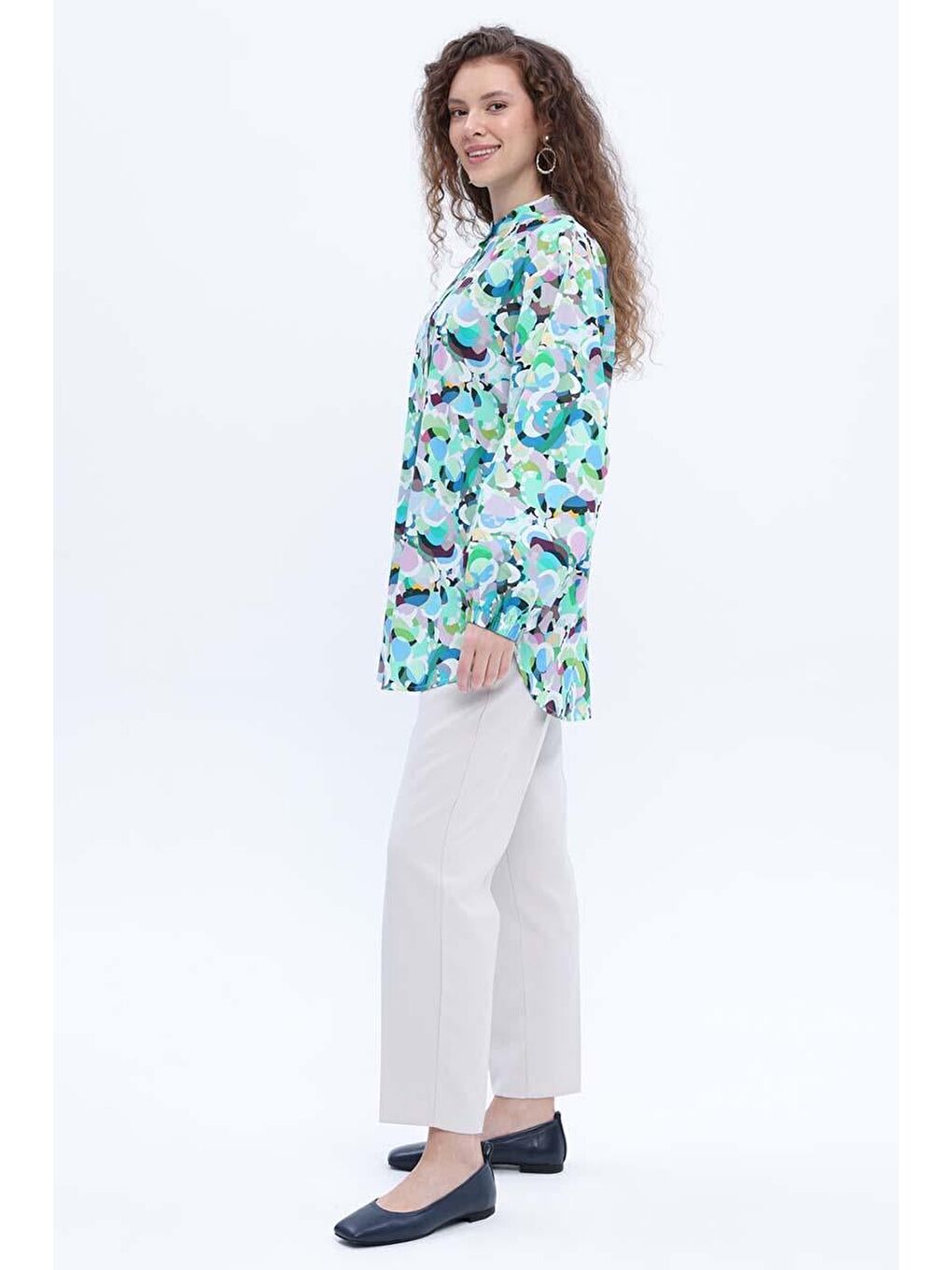 Mavi-Yeşil-%100 Pamuklu Desenli Poplin Gömlek Tunik-2