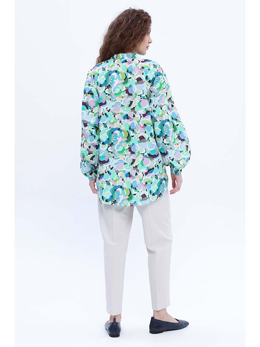 Mavi-Yeşil-%100 Pamuklu Desenli Poplin Gömlek Tunik-3