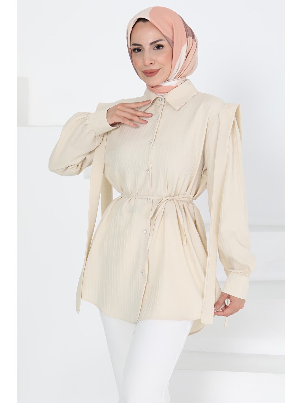 Bej Omuz Bağlama Detaylı Tunik Taş - 27195