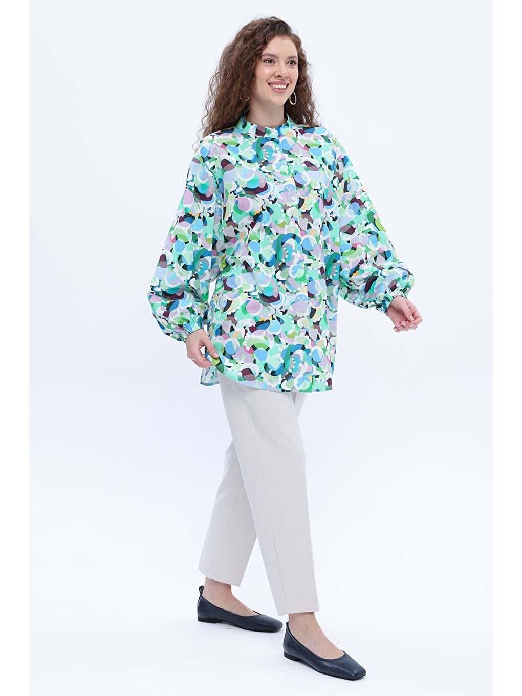 Mavi-Yeşil-%100 Pamuklu Desenli Poplin Gömlek Tunik-4