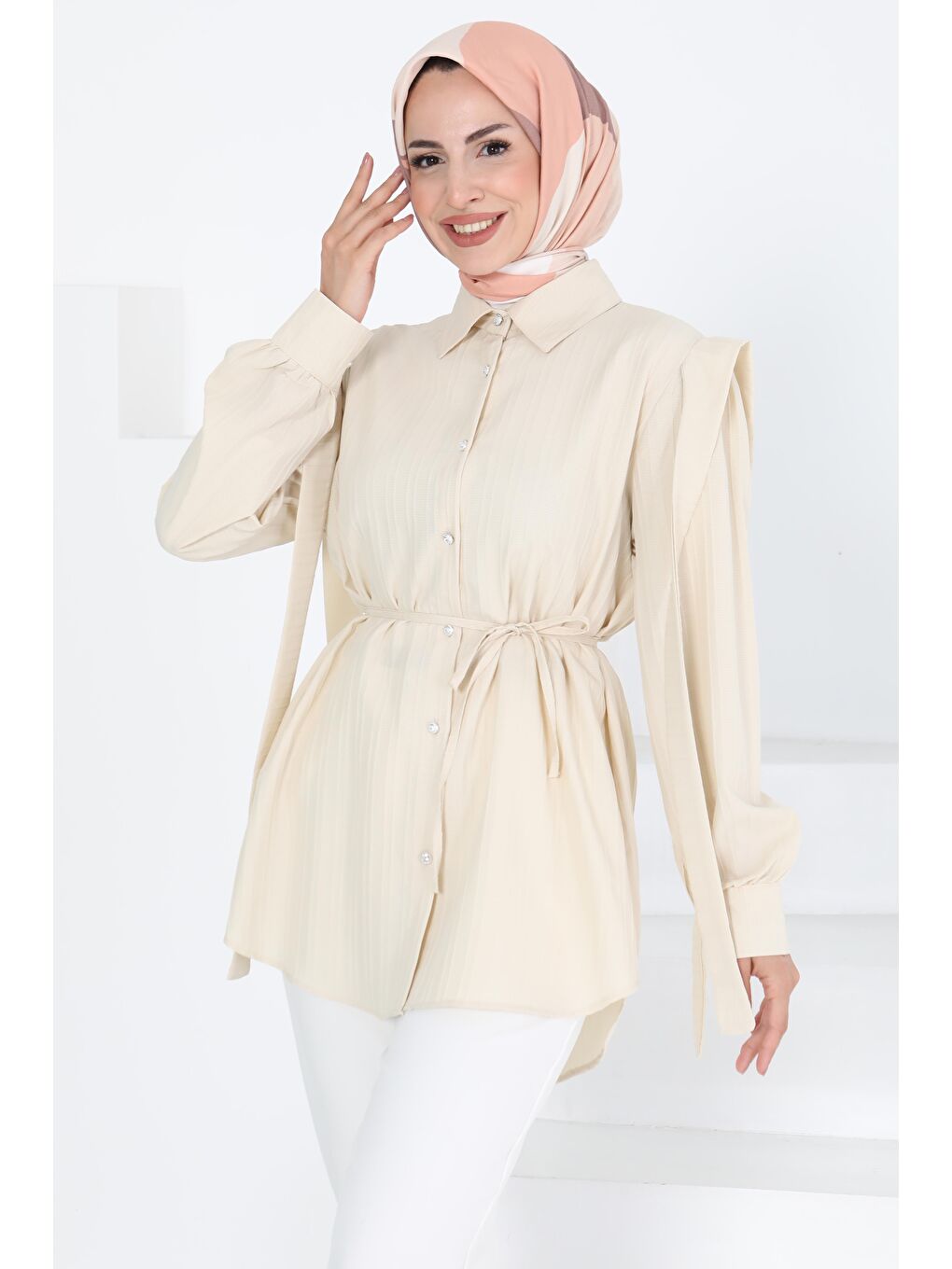 Bej Omuz Bağlama Detaylı Tunik Taş - 27195-1