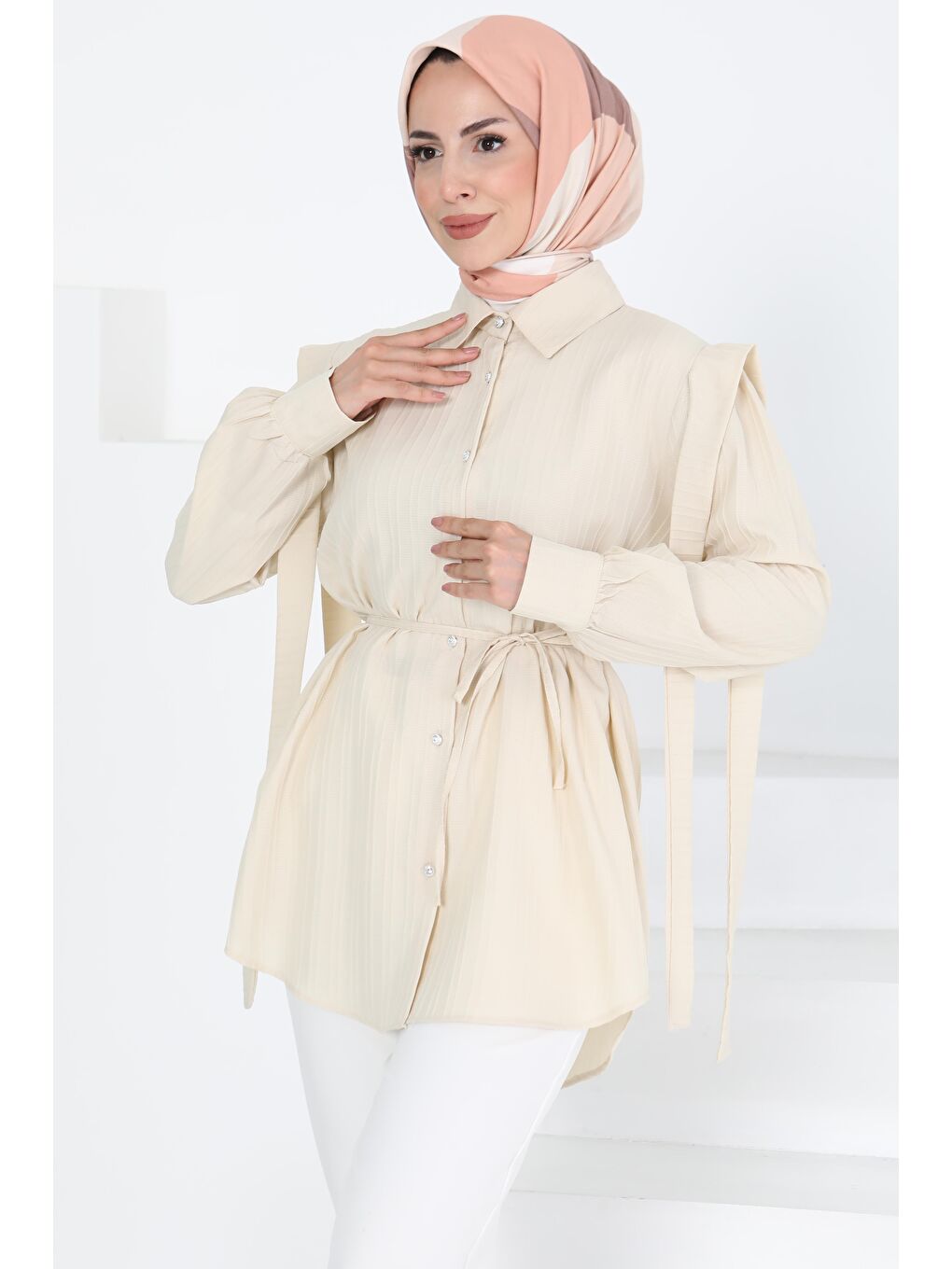 Bej Omuz Bağlama Detaylı Tunik Taş - 27195-2