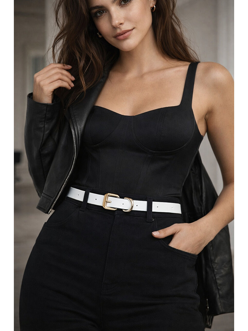 Kare Tokalı Beyaz İnce Kadın Kemeri Ceket Kemeri, Gömlek Kemeri, Elbise Kemeri KMR002 BEYAZ-5