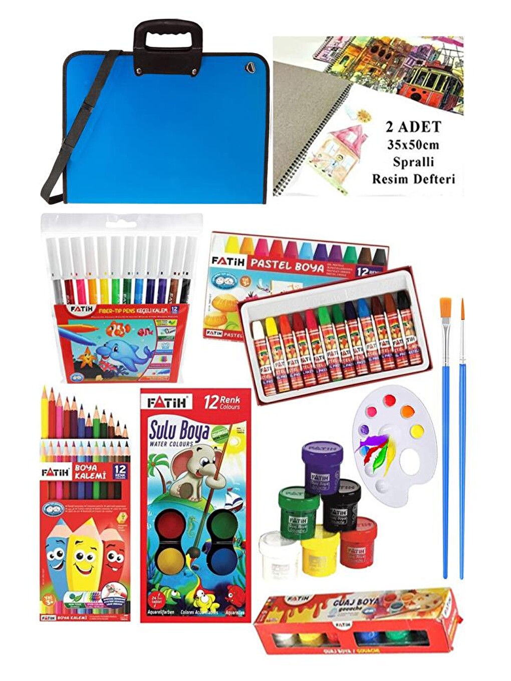 Öğrenci Boyama Seti 11 Parça 1 Paket 35x50 Resim Çantası Resim Defter Fatih Sulu Boya Kuru Boya Past