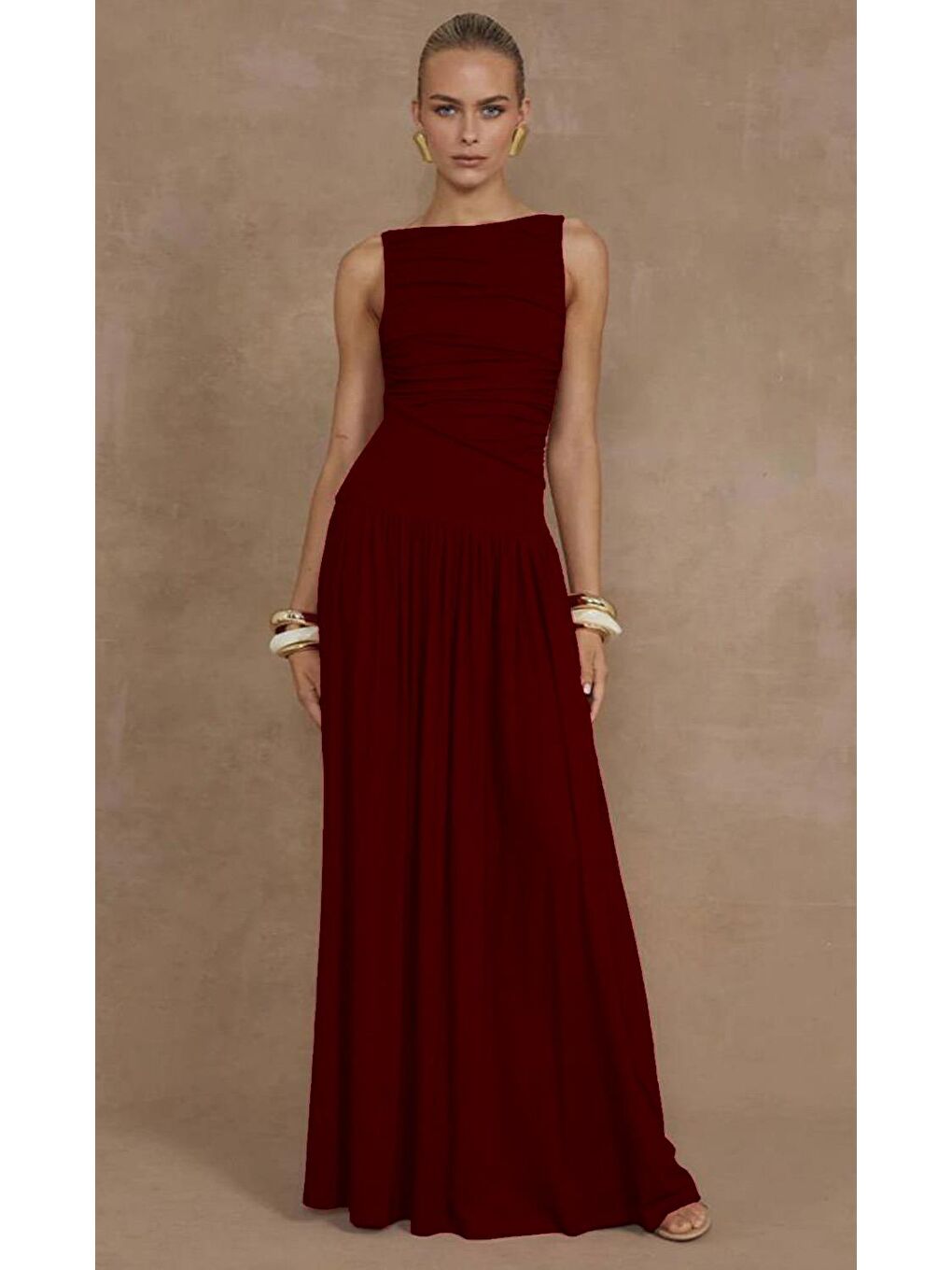 Bordo Önü Dökümlü Uzun Boy Kadın Elbise Mg2364