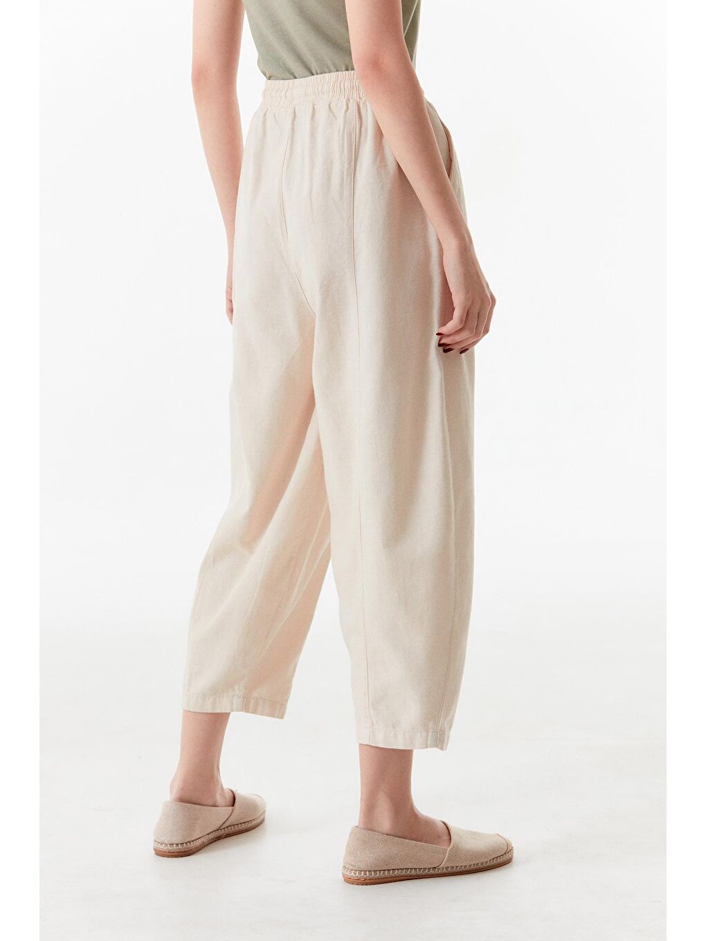 Bej Beli Lastikli Yüksek Bel Keten Şalvar Pantolon-4