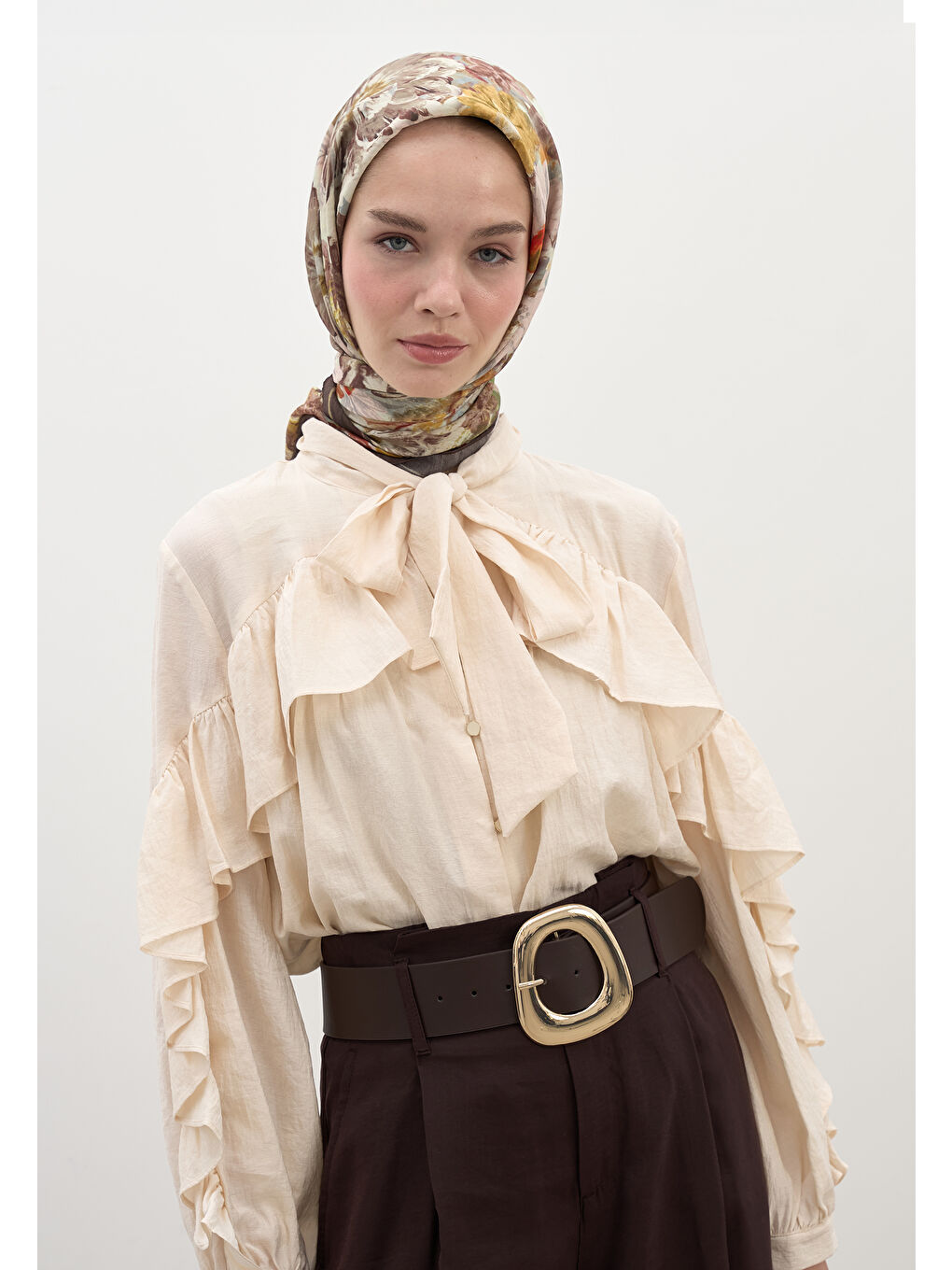 Kahverengi Jasmıne Joy Desen Pamuklu Viskon Eşarp Kahve