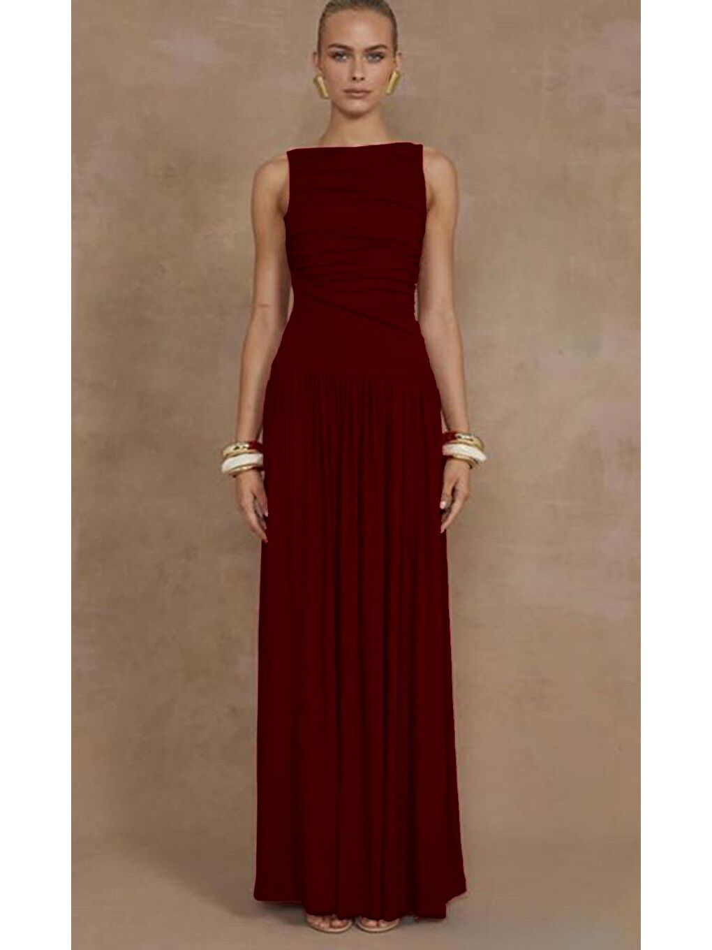 Bordo Önü Dökümlü Uzun Boy Kadın Elbise Mg2364-1